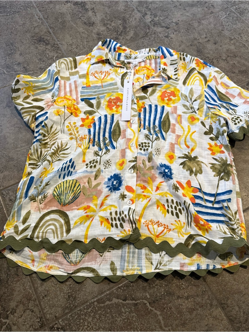 🥦Floral Jane and Delancey Print Button-Front Shirt in Yellow & Blue